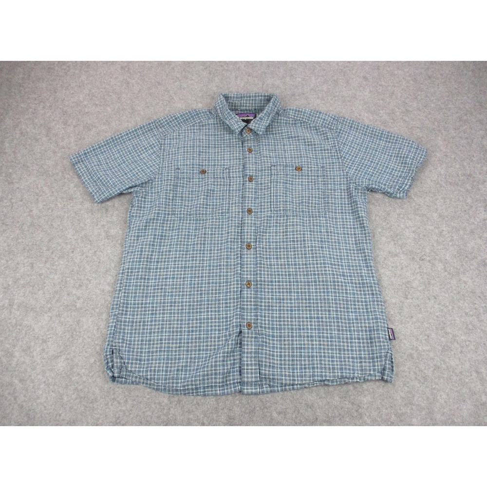 Patagonia Mens Large Blue Plaid Hemp Cotton Back Step Shirt STY53139 Hiking
